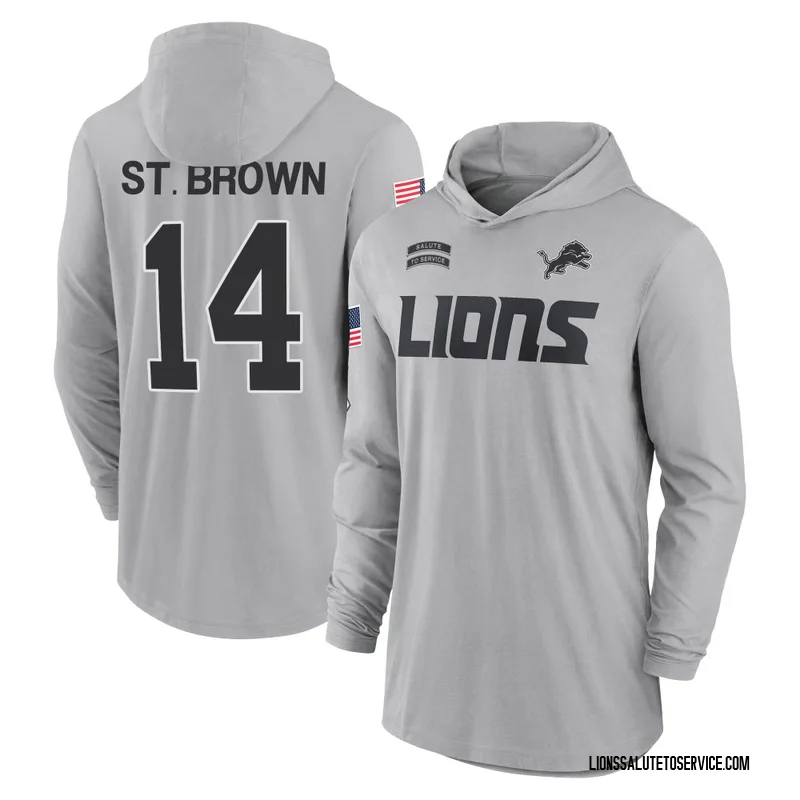 Men's Amon-Ra St. Brown Detroit Lions Gray 2024 Salute to Service Lightweight Performance Long Sleeve Hooded T-Shirt