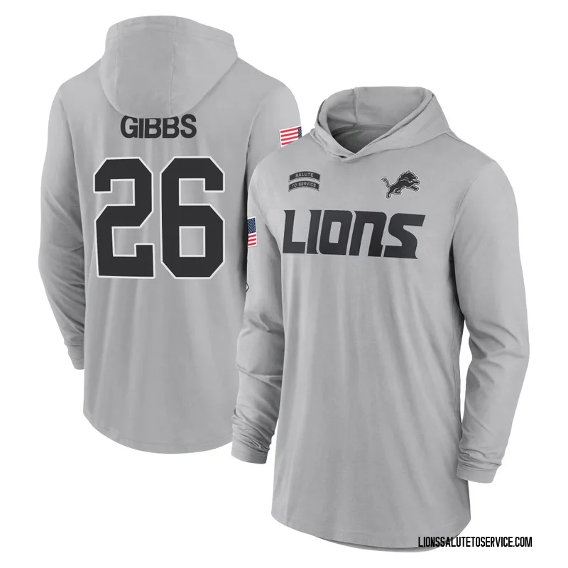 Men's Jahmyr Gibbs Detroit Lions Gray 2024 Salute to Service Lightweight Performance Long Sleeve Hooded T-Shirt